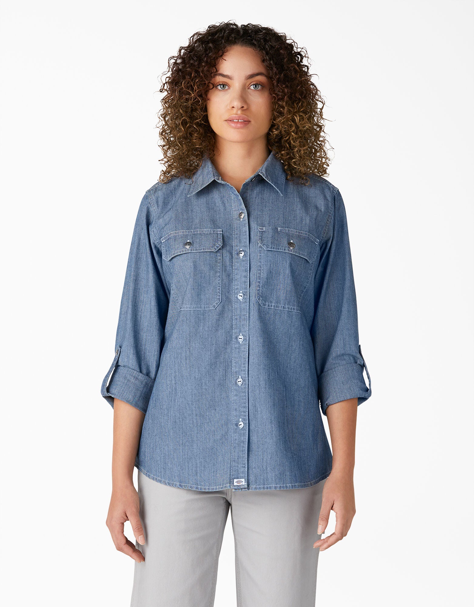 Long-Sleeved Shirt - Dickies Women's Long Sleeve Chambray Roll-Tab Work  Shirt FL501